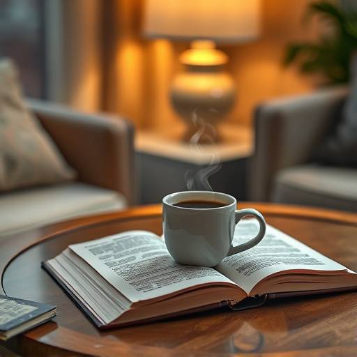 Detalle de una mesa con una taza de café, un libro abierto y una lámpara suave iluminando la escena.