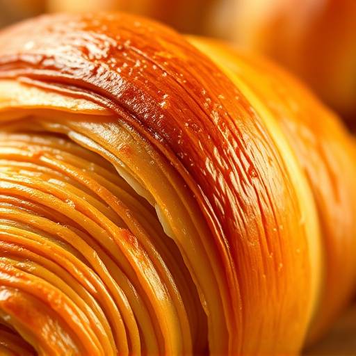 Primer plano de un croissant recién horneado, mostrando su textura hojaldrada y dorada.